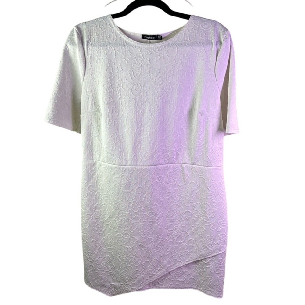 Boohoo Womens Floral Jacquard Mini Dress 14 White Short Sleeve Texture‎ Easter